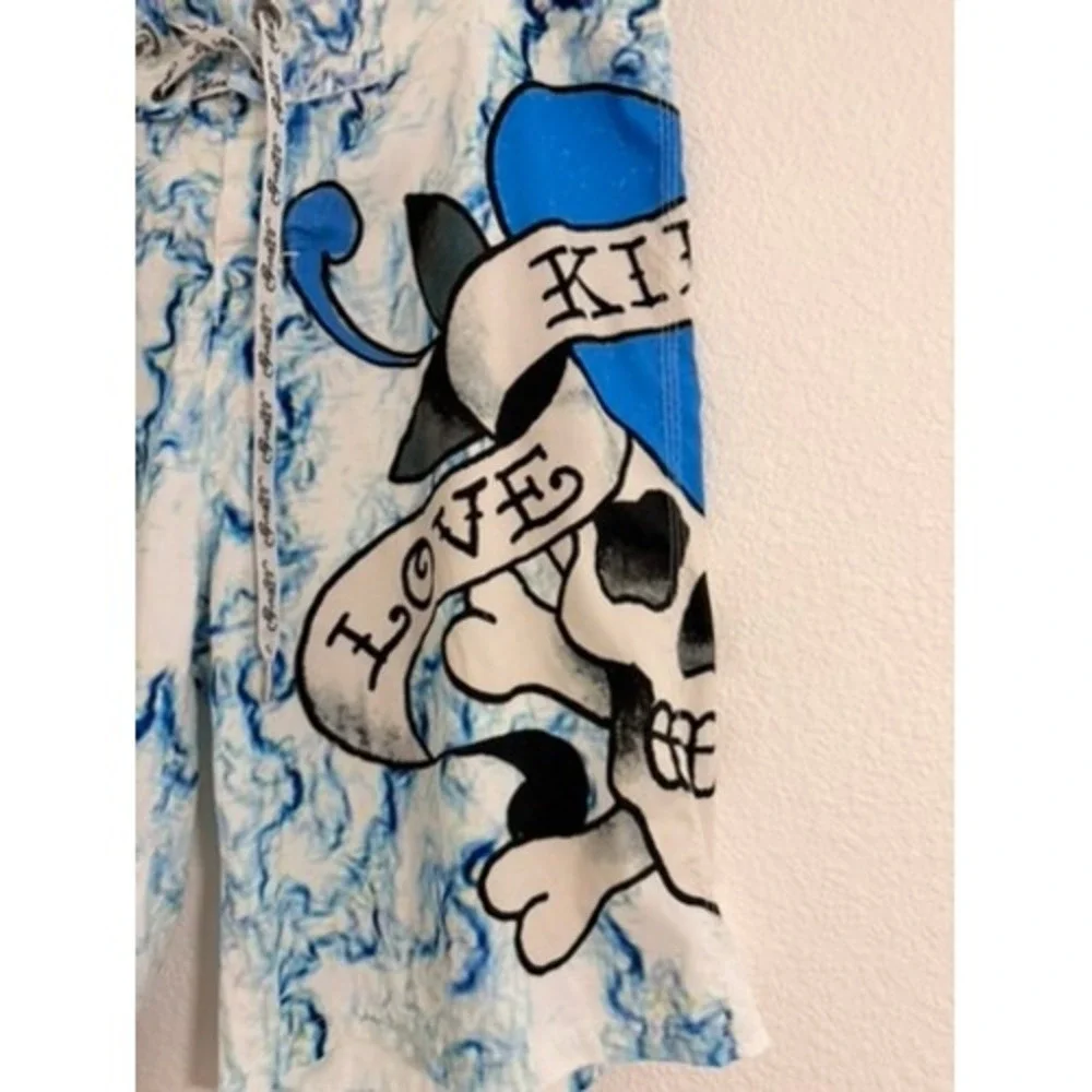 Ed Hardy Mens 36 BlueWhite Marble Love Kills Slowly Skull BoardShorts SwimTrunks